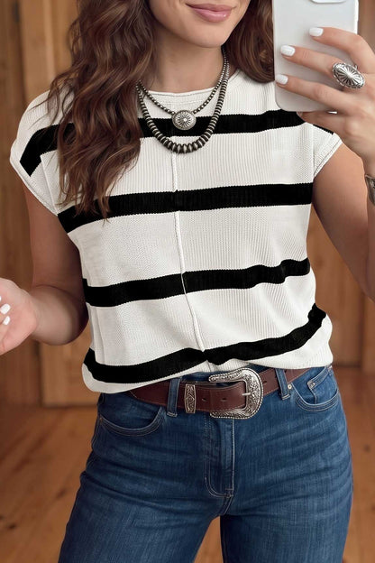 Rose Stripe Knit Western Short Sleeve Sweater