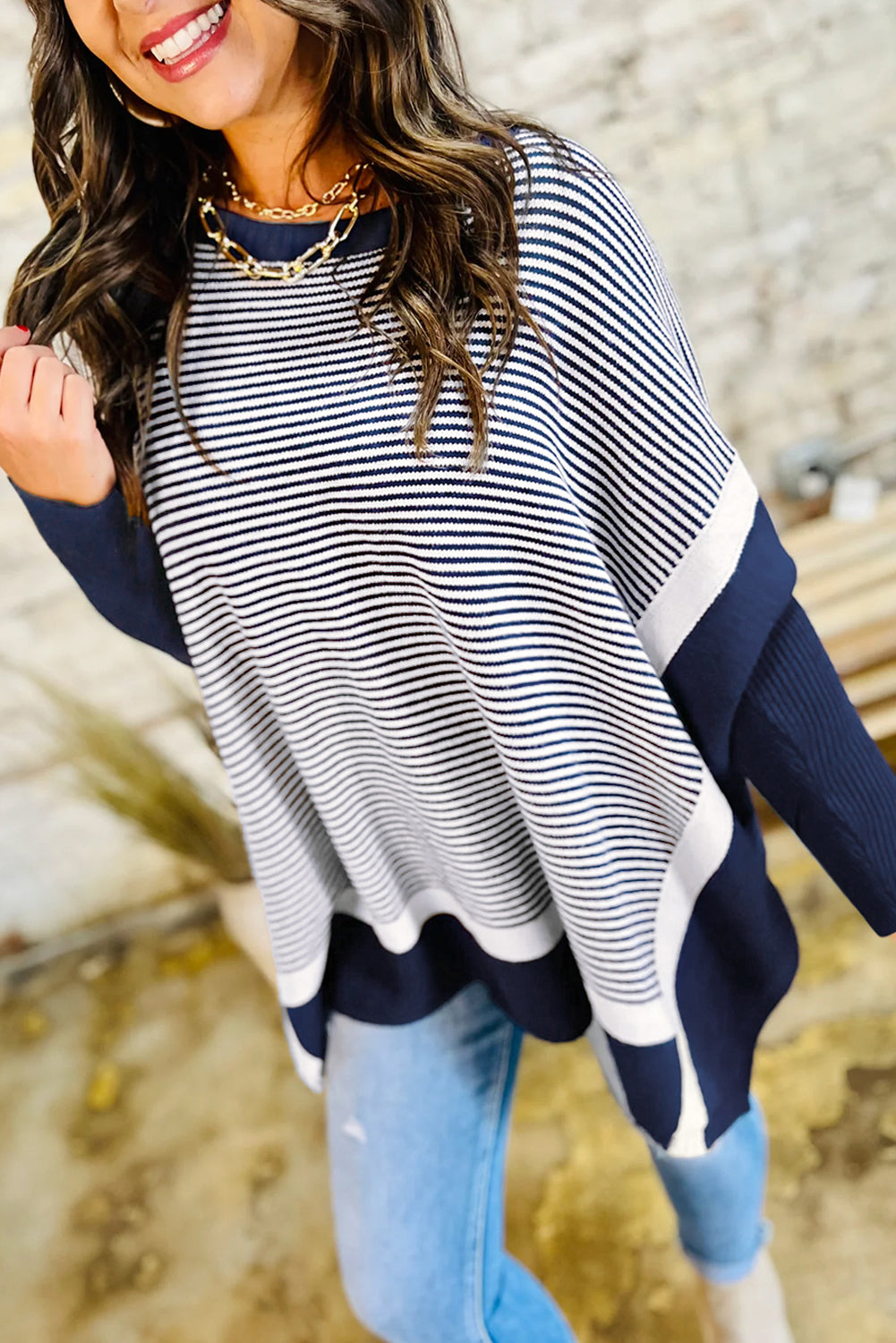 Striped Colorblock Dolman Tunic Sweater