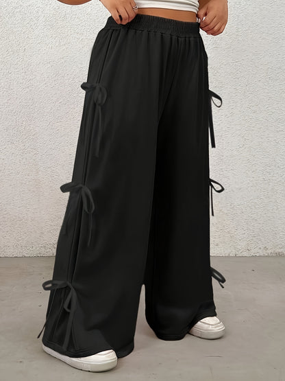 Bow Elastic Waist Wide Leg Pants