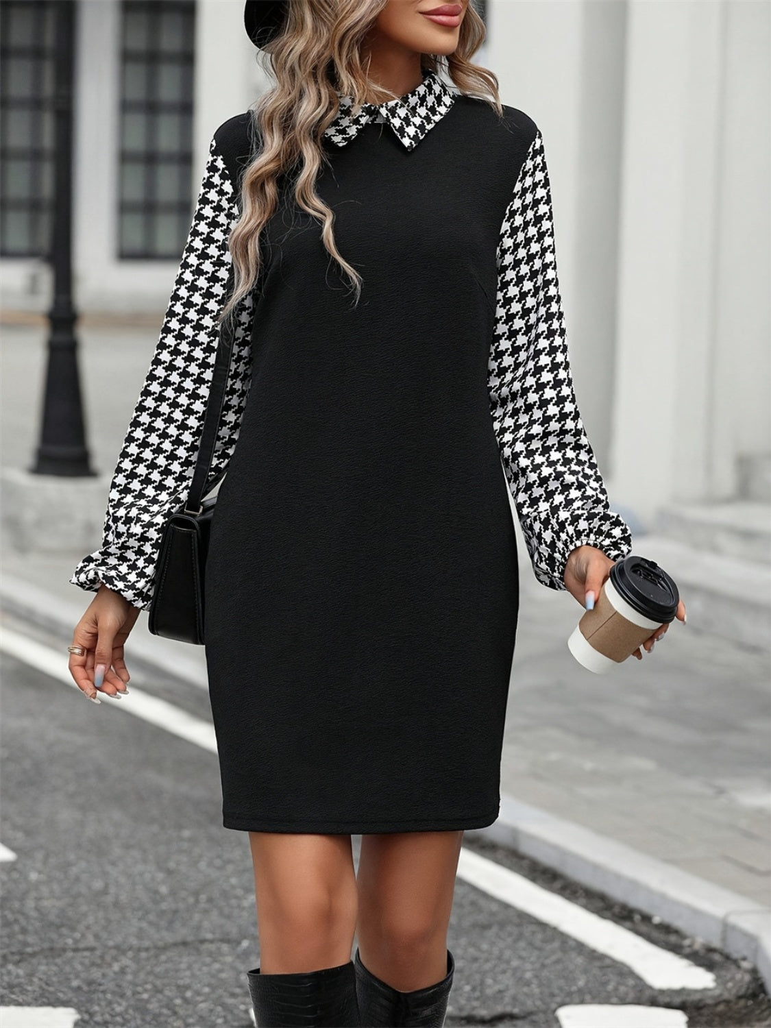 Houndstooth Collared Neck Long Sleeve Mini Dress