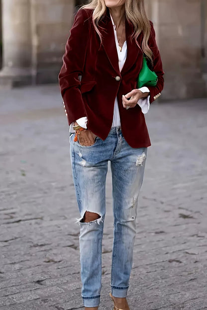 Burgundy Lapel Collar One Button Blazer