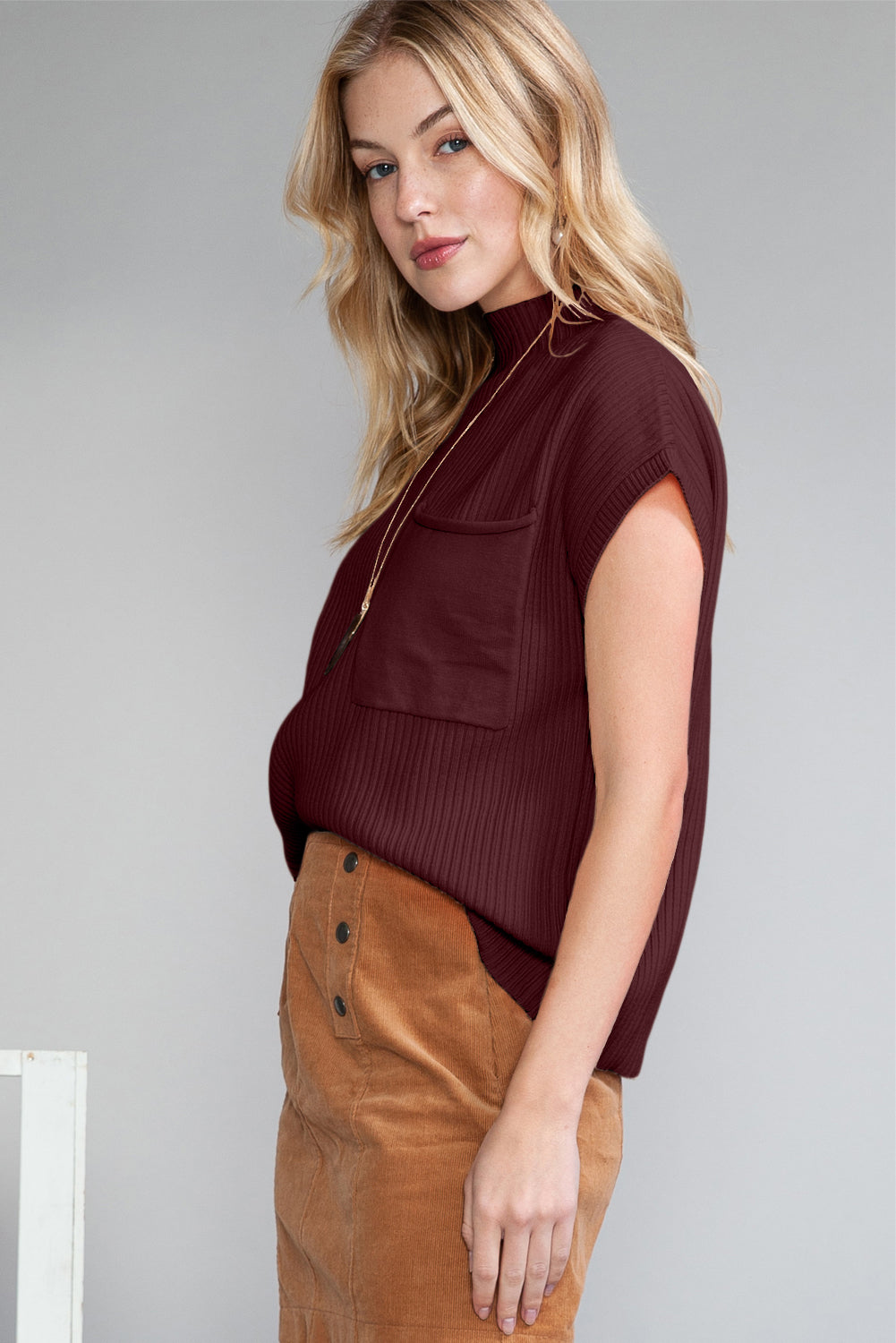 Patch Pocket Ribbed Knit Short Sleeve Sweater