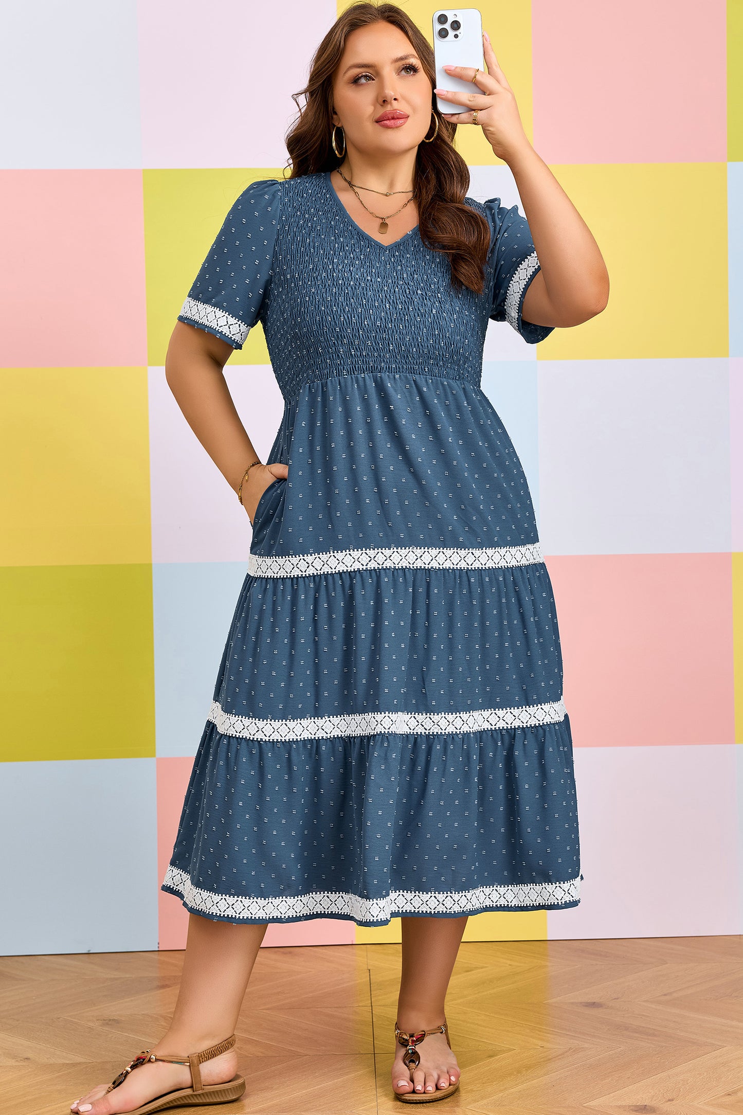 Plus Size Swiss Dot Lace Patchwork Detail Flared Midi Dress