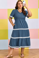 Plus Size Swiss Dot Lace Patchwork Detail Flared Midi Dress