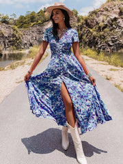 V-Neck Floral Print Midi Dress