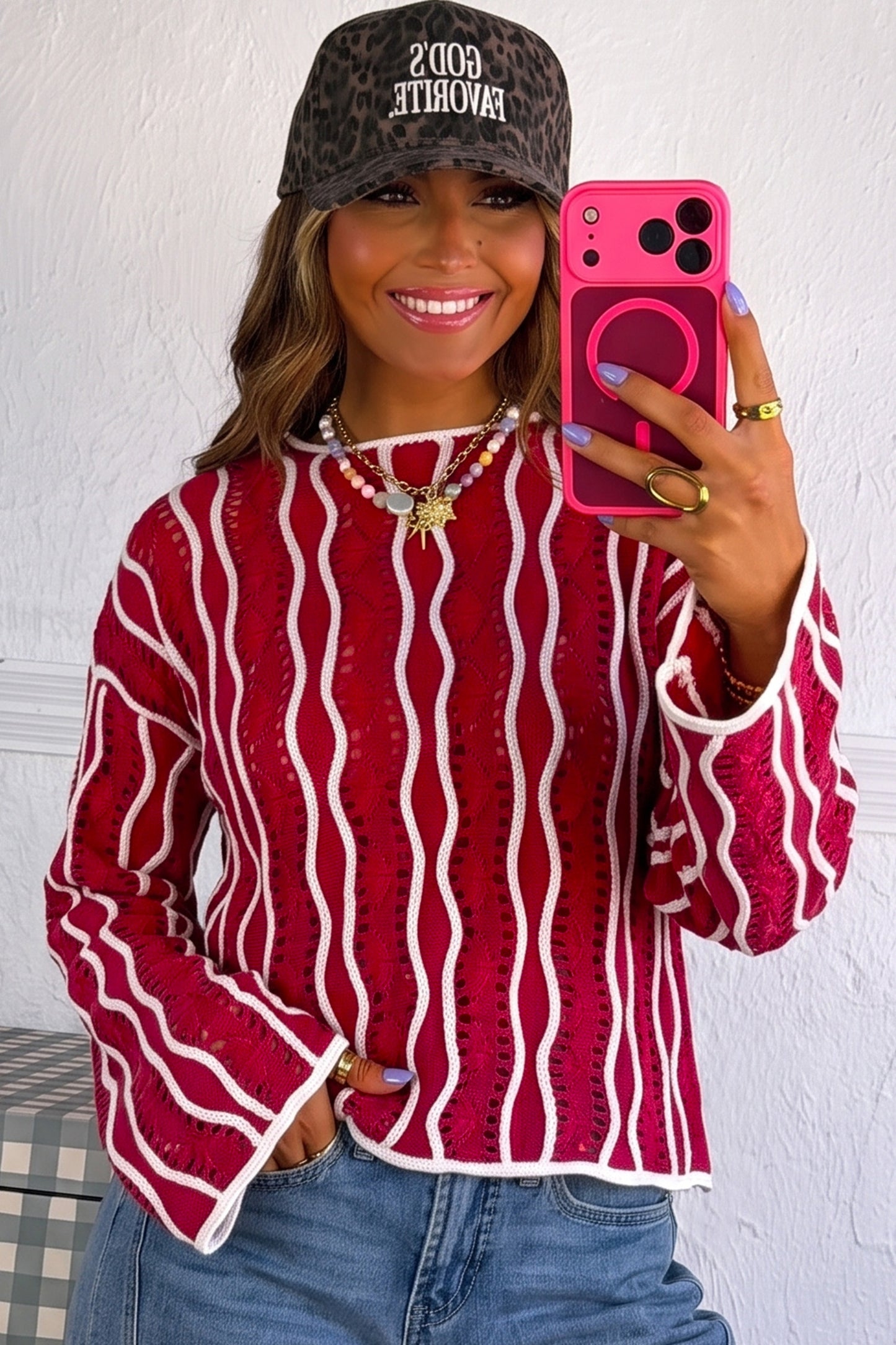 Pink Wavy Detail Hollow Out Knit Long Sleeve Cotton Pullover Sweater