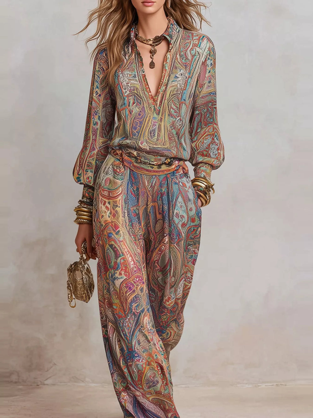 Paisley Print Long Sleeve Top and Pants Set