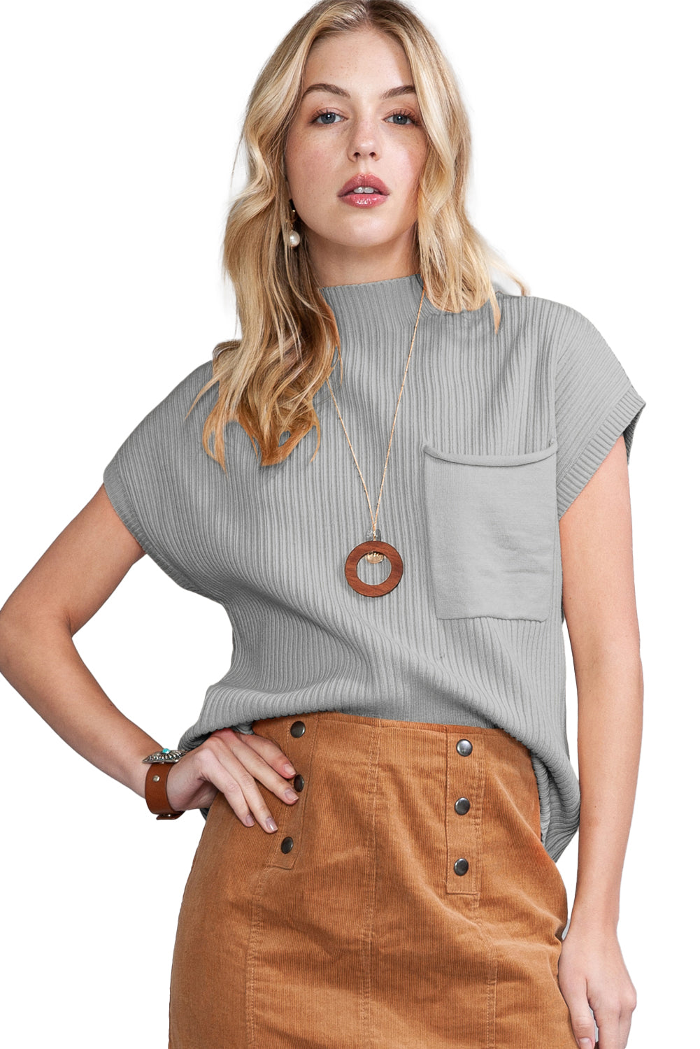 Patch Pocket Ribbed Knit Short Sleeve Sweater
