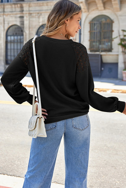 Lace Detail Round Neck Lantern Sleeve Top