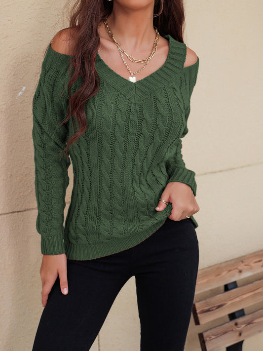 Cable-Knit V-Neck Cold Shoulder Sweater