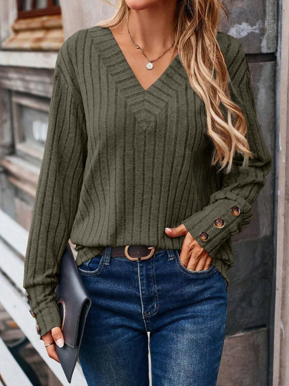 Ribbed V-Neck Long Sleeve Top