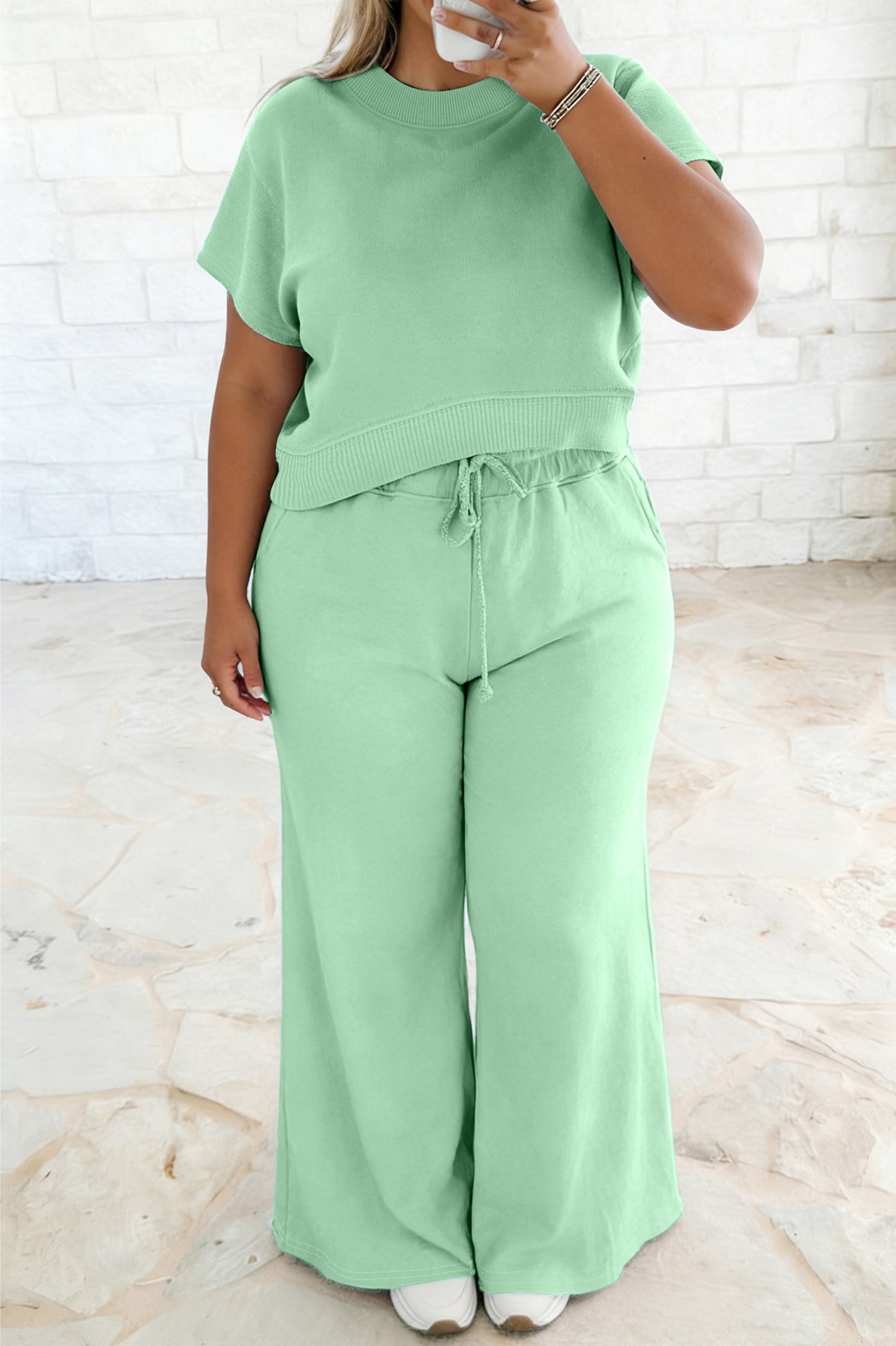 Ribbed Trim Top and Drawstring Loose Pants Set