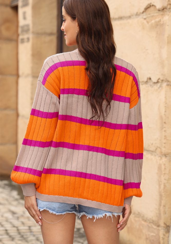 Contrast Striped Drop Shoulder Open Front Cardigan