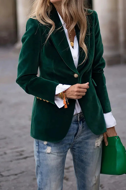 Dark Green Lapel Collar One Button Blazer