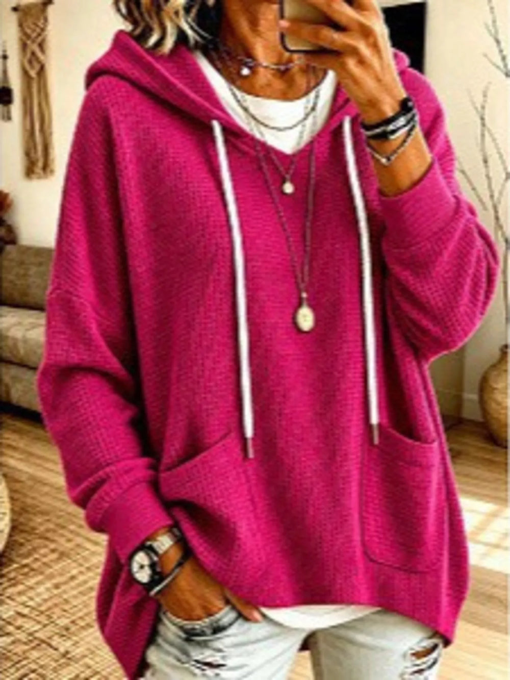 Full Size Waffle Knit Hoodie with Pockets Plus Size