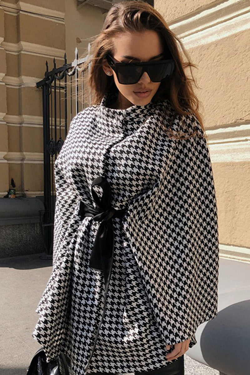 Women's Houndstooth Tie Waist Trench Coat