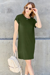 Basic Bae Full Size Solid Round Neck Short Sleeve Casual Loose Mini T-Shirt Dress with Side Pockets