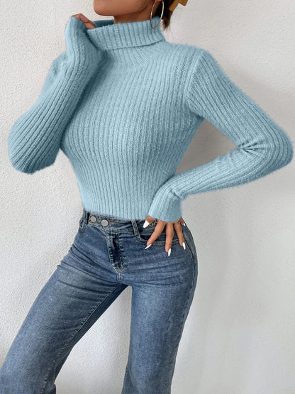 Cropped Ribbed Turtleneck Long Sleeve Sweater