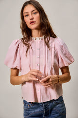 Cotton Blend Bubble Sleeve Blouse