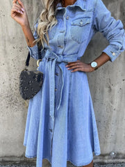 Rayon Blend Tie Waist Button Front Denim Shirt Dress