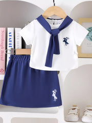 Children's Sailor Collar Embroidered Tee and Skirt Set