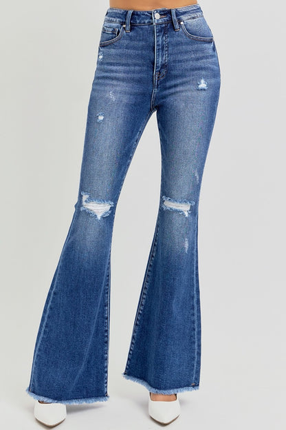 High Rise Distressed Raw Hem Flare Jeans