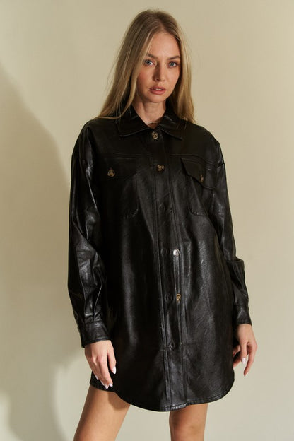 Faux Leather Button Up Jacket with Chest Pockets