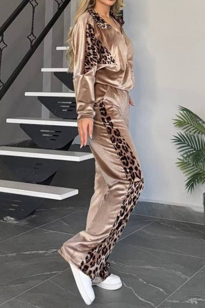 Collared Neck Leopard Zip Up Top and Pants Set