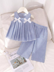 Children's Striped Sleeveless Top and Pants Set with Bows