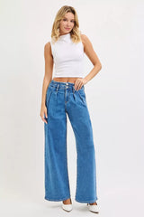 Mid Rise Fit Wide Leg with Pleated Detail Jeans