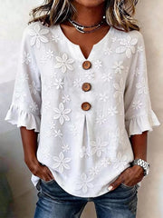 Full Size Floral Button Decor 3/4 Sleeve Blouse Plus Size