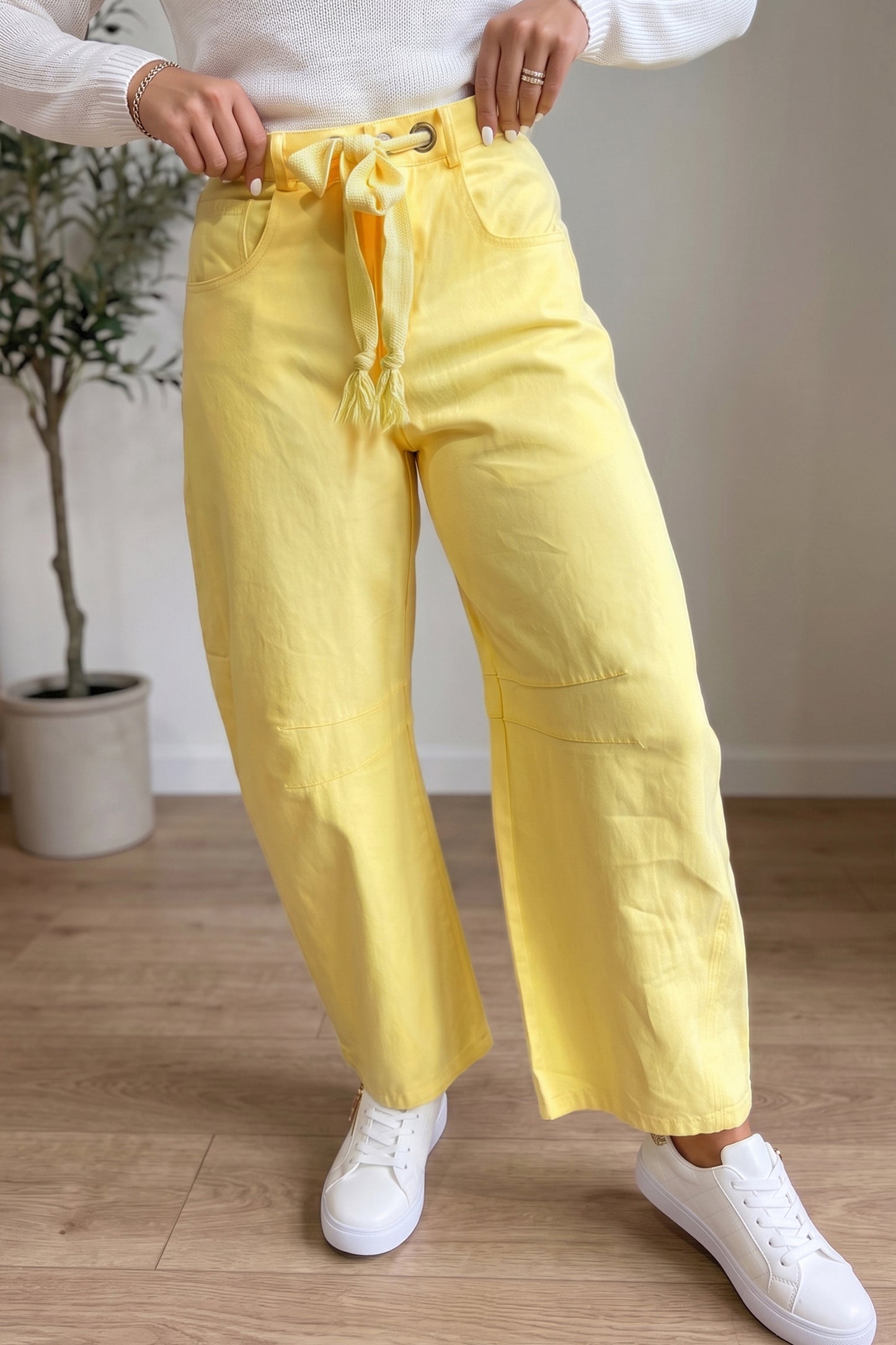 Grommet Detail Knot Waist Barrel Jeans