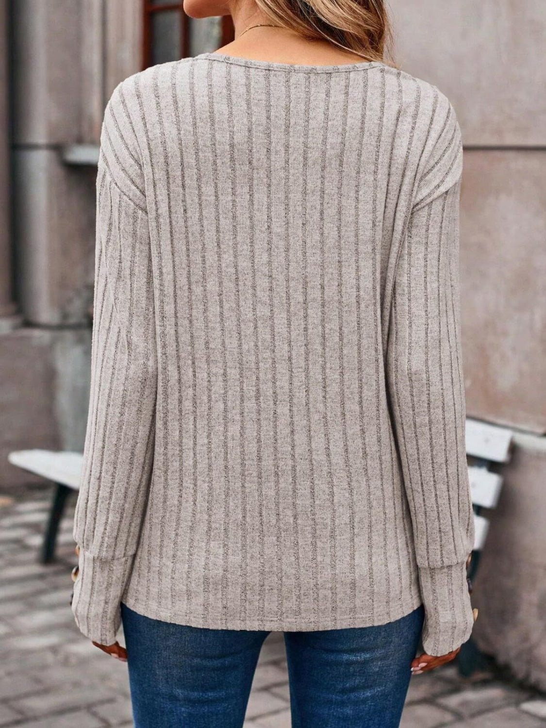 Ribbed V-Neck Long Sleeve Top