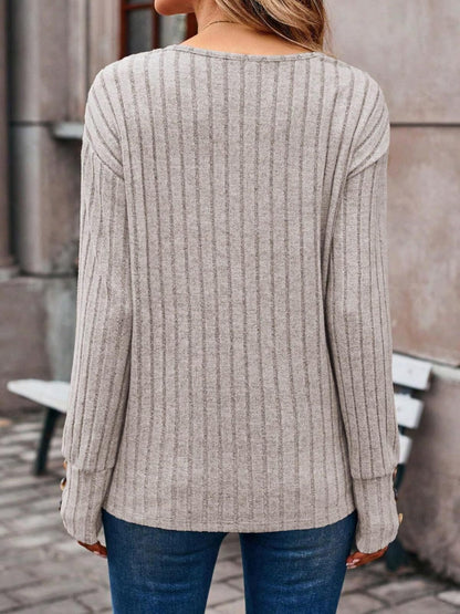 Ribbed V-Neck Long Sleeve Top