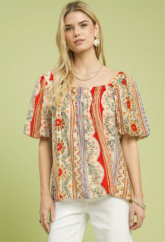 Rayon Blend Patchwork Smocked Blouse