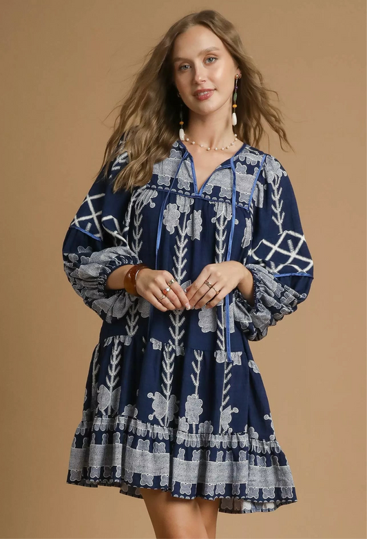 Print Dress with Tie Neck