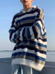 Men's Striped Fuzzy Knit Hooded Sweater
