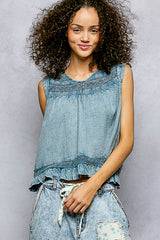 Ruffled Sleeveless Cotton Blouse with Trim Detail