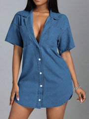Button Down Collared Neck Denim Shirt Dress