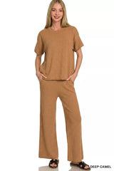 Zenana Viscose Round Neck Top & Pants Set