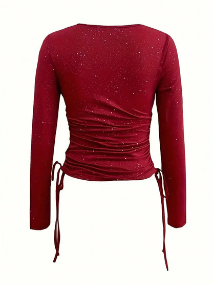 Deep Red Glitter Drawstring Surplice Long Sleeve Blouse