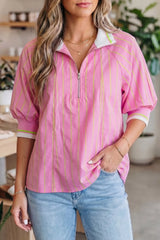 Stripe Striped V-Neck Half Sleeve Zipper Ribbed Cuff Casual Shift Blouse