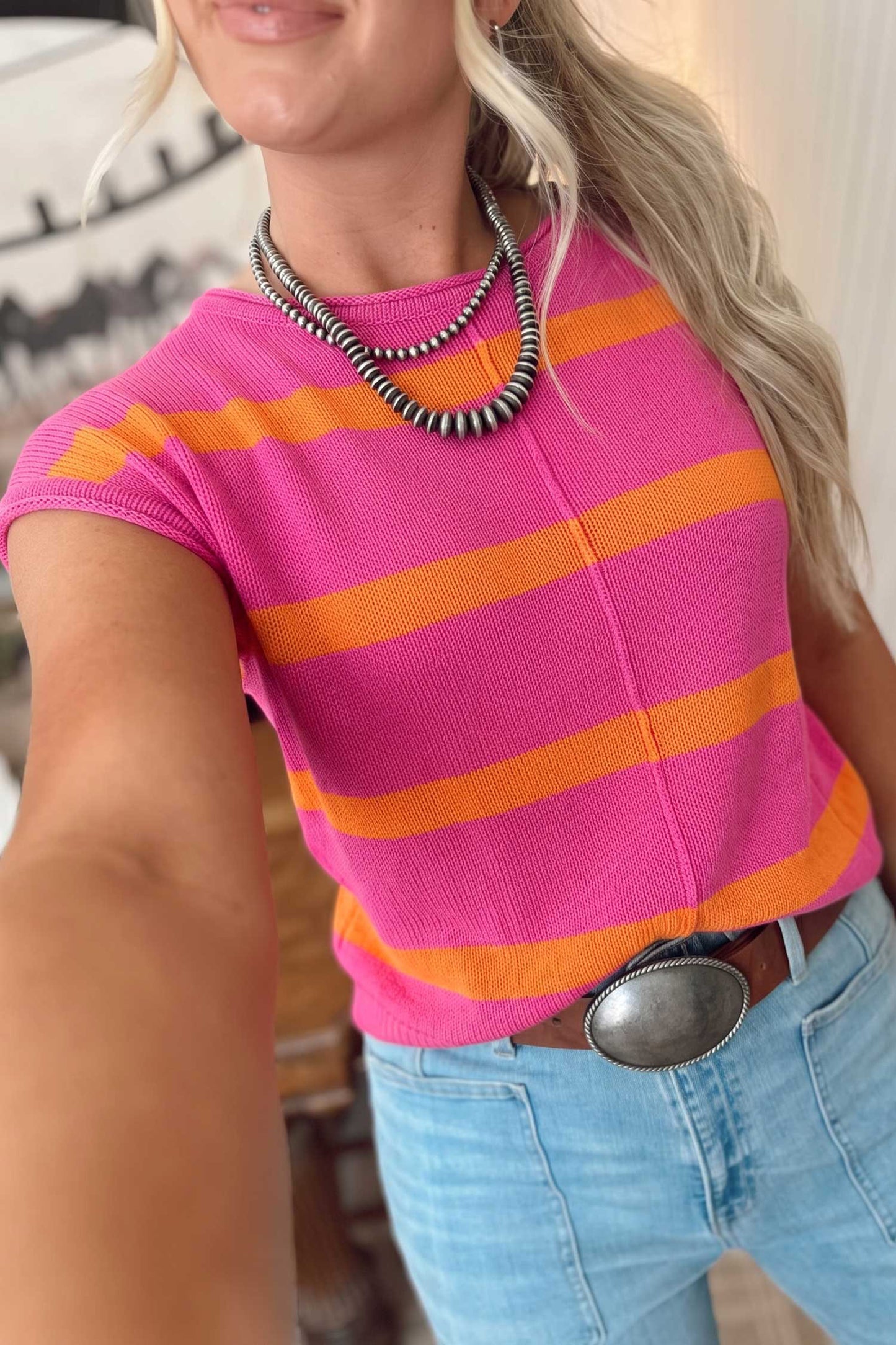 Rose Stripe Knit Western Short Sleeve Sweater