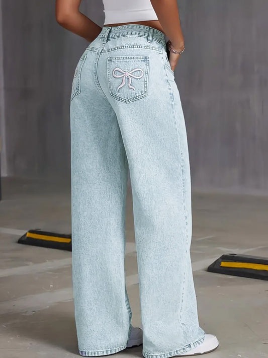 Wide Leg Jeans with Back Pocket Bow Embroidery