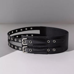 Double Row Grommet Wide Waist Leather Belt