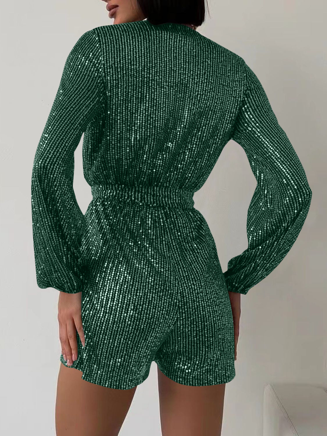 Sequin Surplice Tie Waist Long Sleeve Romper