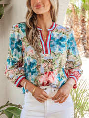 Contrast Trim V-Neck Floral Blouse