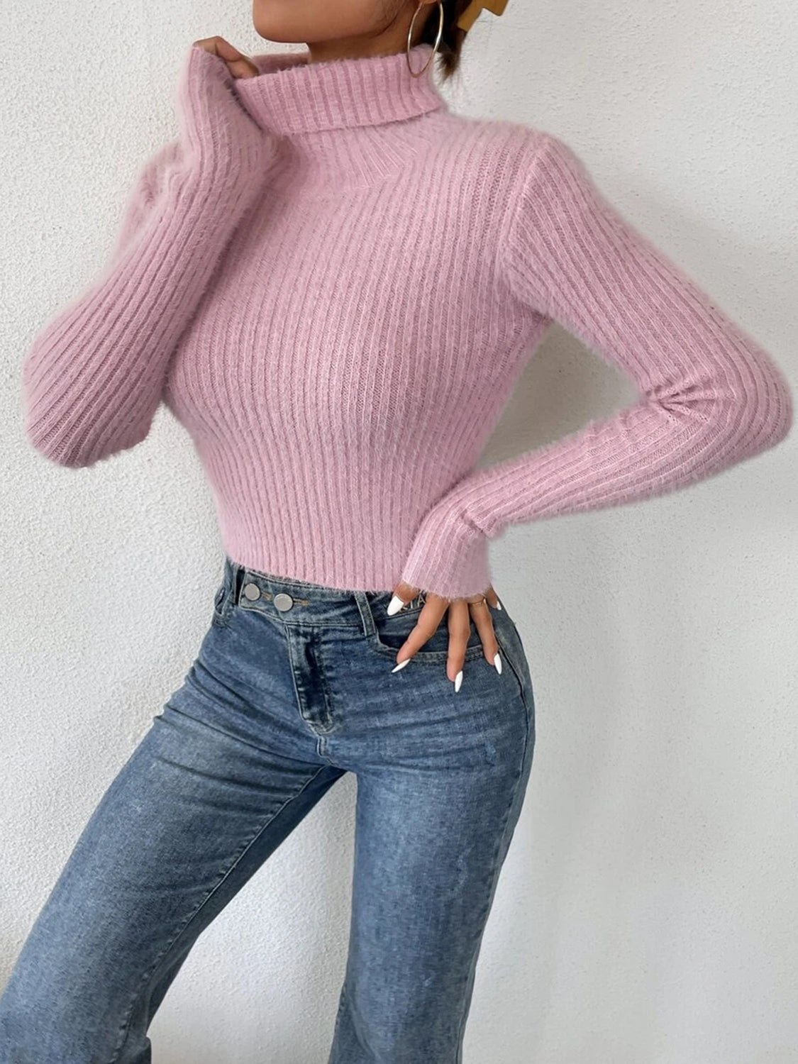 Cropped Ribbed Turtleneck Long Sleeve Sweater