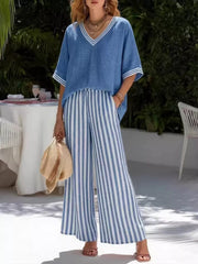 Striped V-Neck Top and Wide Leg Pants Set