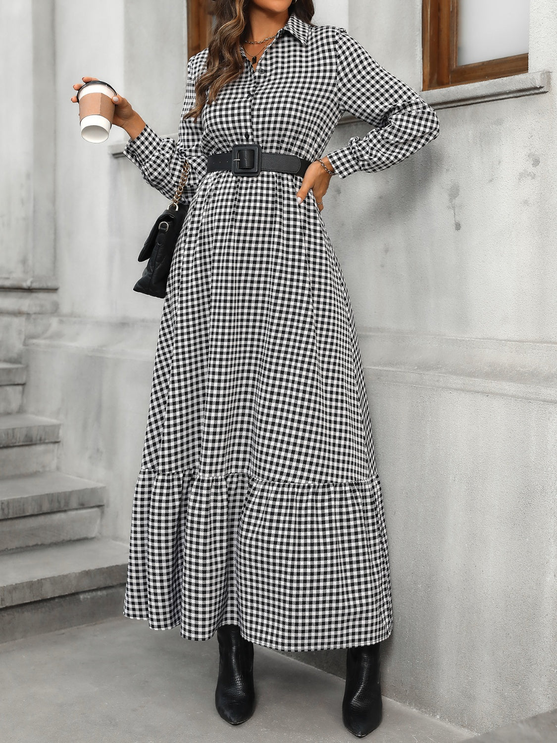 Honey Ruffle Hem Plaid Long Sleeve Dress